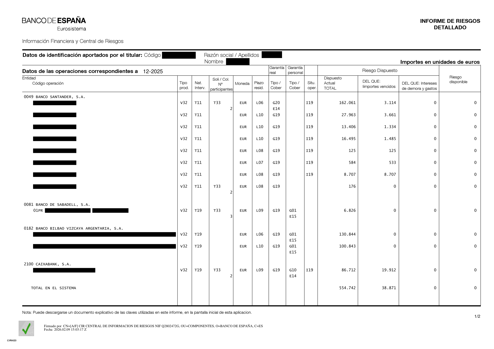 Ejemplo real y anonimizado de un informe de riesgos detallado (CIRBE) del Banco de España, con las columnas de entidad, tipo de producto, garantías, situación de la operación e importes de riesgo dispuesto y disponible.